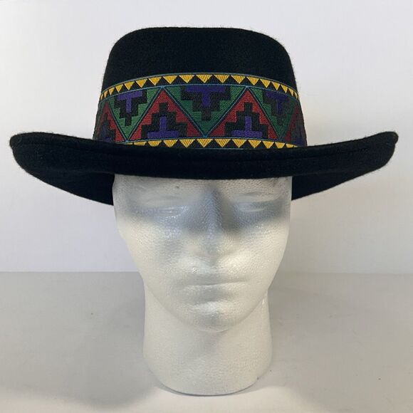 VTG USA Made Wool Fedora Hat Black Southwest Tribal Aztec Banded One Size Unisex - Picture 1 of 12
